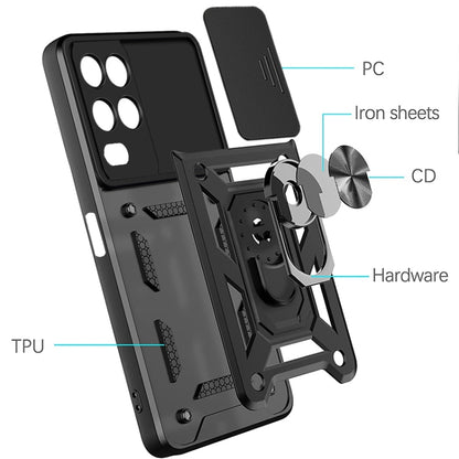 Black rugged phone case with sliding camera cover, textured paneling, and metal ring kickstand