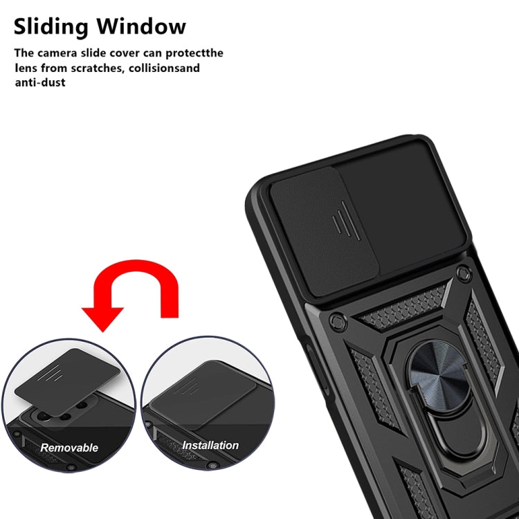 Black rugged phone case with sliding camera window and circular metal ring kickstand