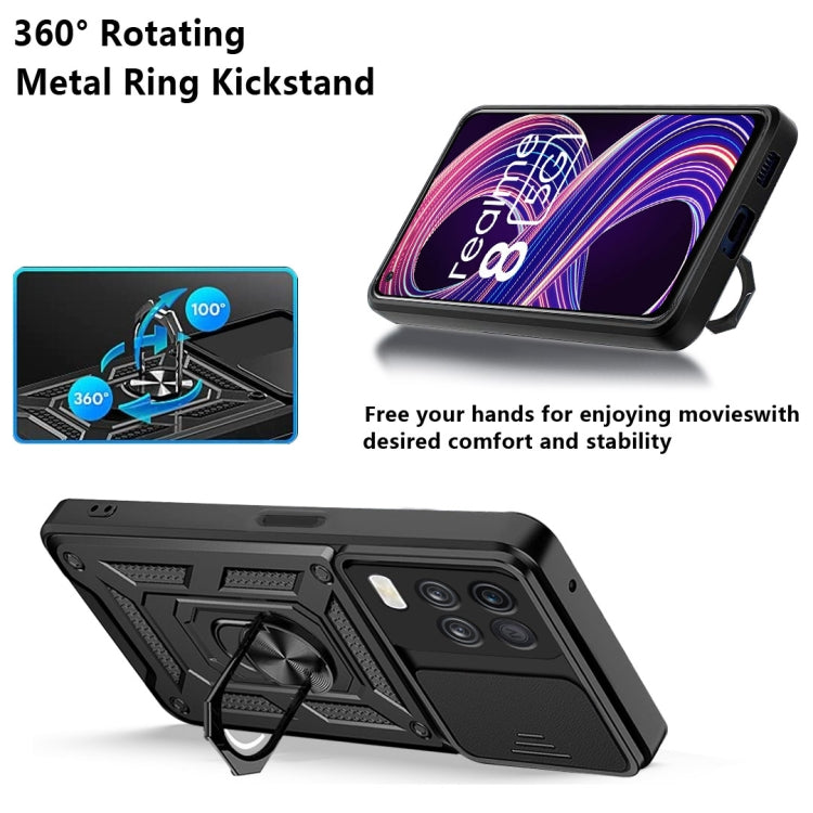 Black rugged sliding camera case with rotating metal ring kickstand and textured corner armor