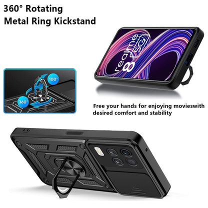 Black rugged sliding camera case with rotating metal ring kickstand and textured corner armor