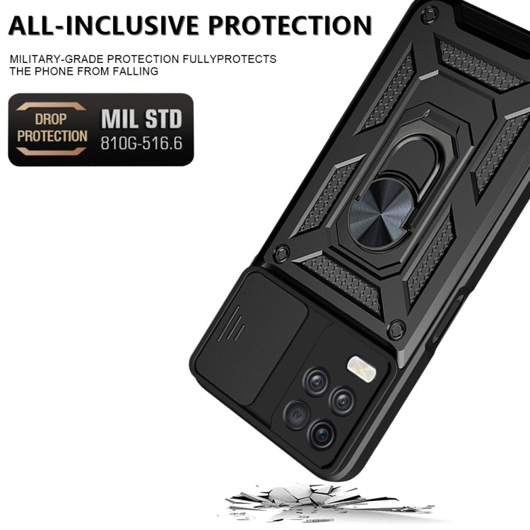 Black rugged phone case with camera cutouts and textured armor, featuring metal ring kickstand