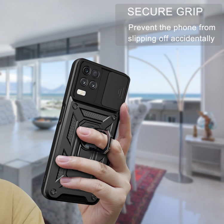 Black rugged phone case with sliding camera cover and secure grip, showing metal ring kickstand