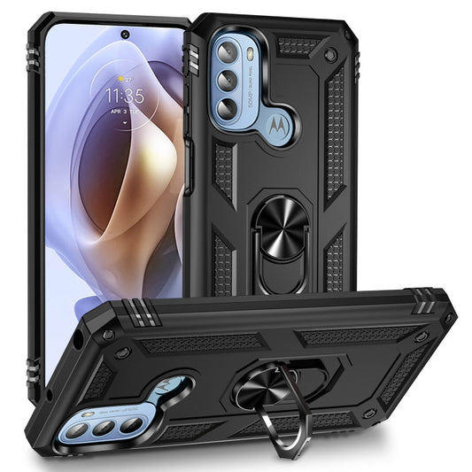 Black shockproof phone case with rotating metal ring holder for secure grip