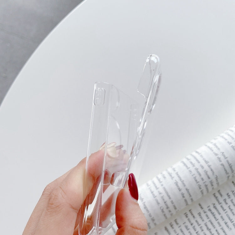 Glossy clear PC folding phone case, close-up of side frame and button cutouts