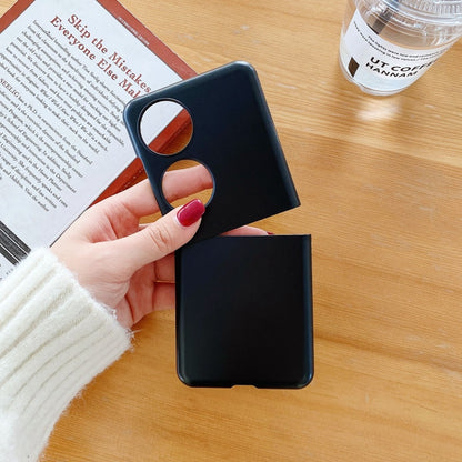 Black frosted PC folding phone case with two circular cutouts and top cover