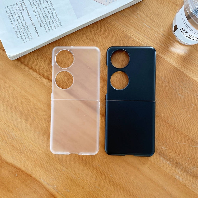 Transparent and black frosted PC folding phone cases, each with two circular cutouts