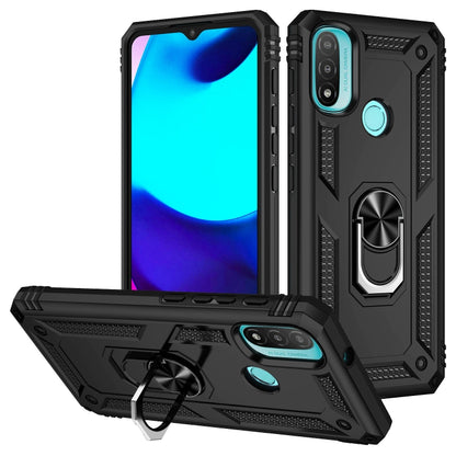 Rugged shockproof phone case with metal ring holder and kickstand, black