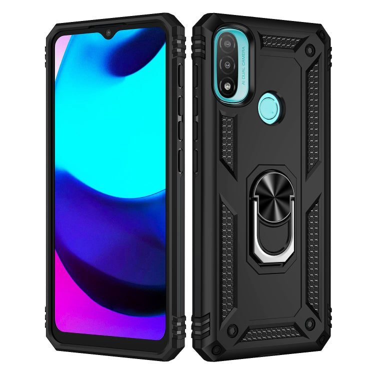 Rugged shockproof phone case with metal ring holder, black, side buttons protected
