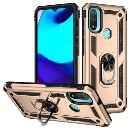 Shockproof phone case with ring grip and kickstand; gold/beige rugged TPU+PC