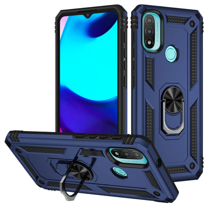 Shockproof phone case with ring grip and kickstand; blue rugged TPU+PC protection