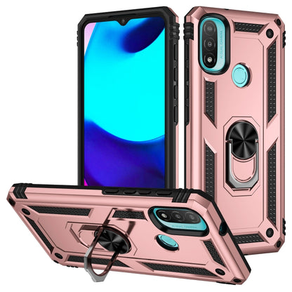 Shockproof phone case with ring grip and kickstand; rose gold/beige rugged TPU+PC