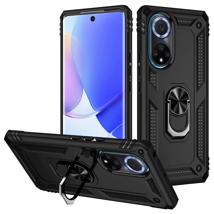 Rugged shockproof phone case with metal ring holder, black, dual-layer armor