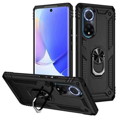Rugged shockproof phone case with metal ring holder, black, dual-layer armor