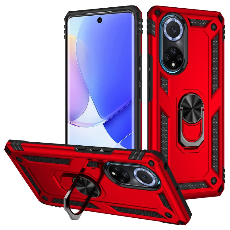 Shockproof phone case with ring grip, kickstand, and dual-layer protection; red