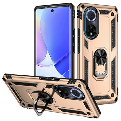 Shockproof phone case with ring grip and kickstand; gold/beige rugged TPU+PC
