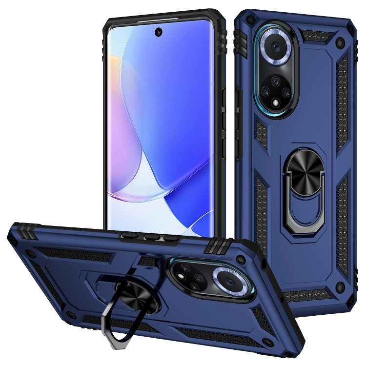 Shockproof phone case with ring grip and kickstand; deep blue rugged TPU+PC