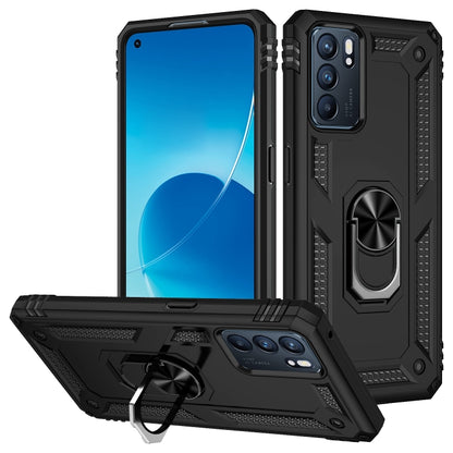 Rugged shockproof phone case with metal ring kickstand, black, front and back view
