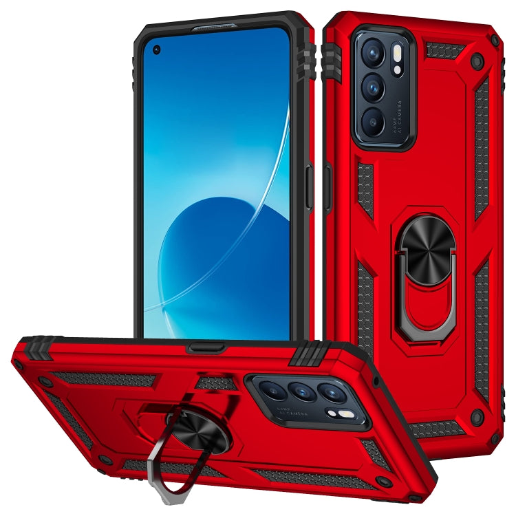 Shockproof phone case with ring grip and kickstand; red, rugged TPU+PC design