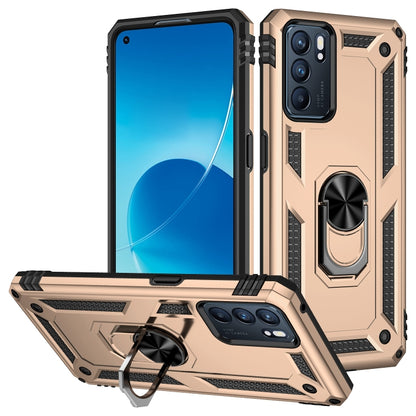 Shockproof phone case with ring grip and kickstand; gold/beige rugged TPU+PC
