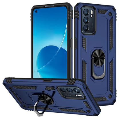 Shockproof phone case with ring grip and kickstand; blue rugged TPU+PC design