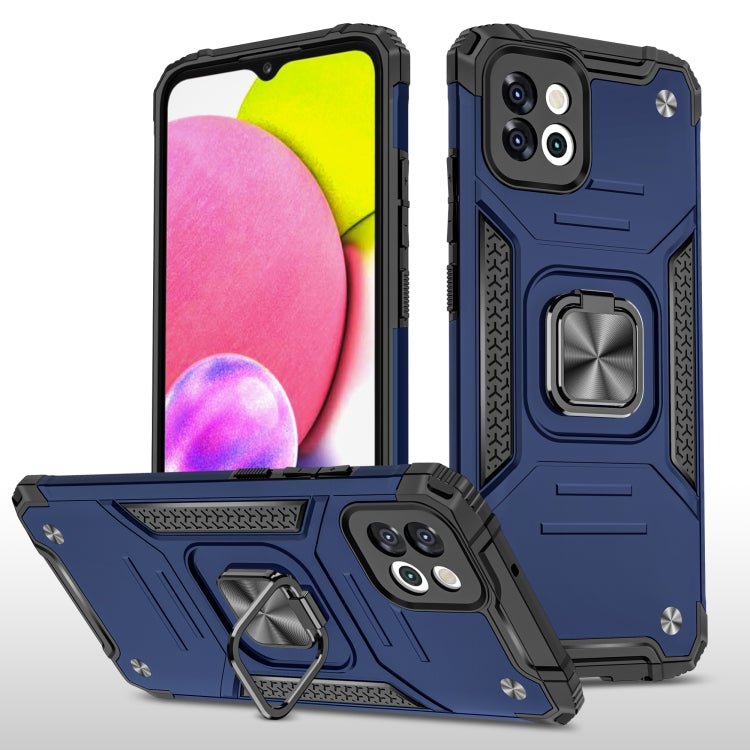 Blue rugged phone case with metal ring kickstand, raised camera guards, and corner protection.