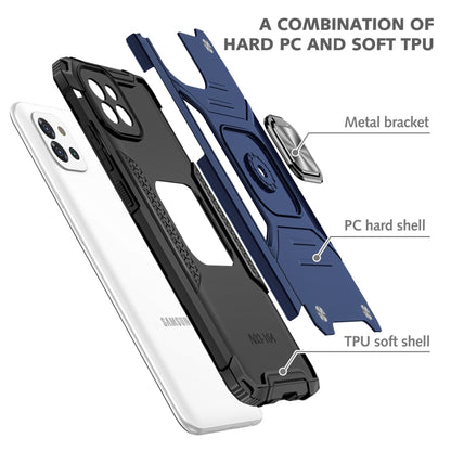 Blue and black rugged phone case with hard PC shell, TPU edges, and metal bracket ring holder.