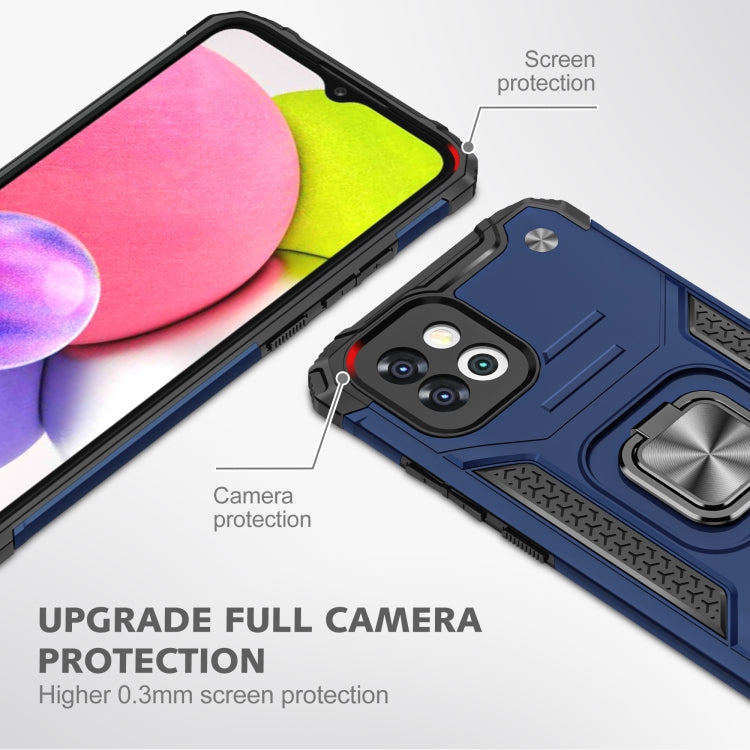 Blue rugged phone case with raised screen and camera protection, plus metal ring kickstand.
