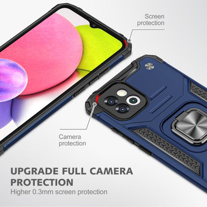 Blue rugged phone case with raised screen and camera protection, plus metal ring kickstand.
