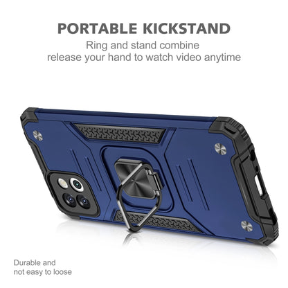 Blue rugged phone case with built-in portable kickstand and metal ring stand for viewing.