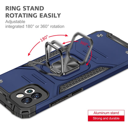 Blue rugged phone case with rotating metal ring stand and aluminum-style support plate.
