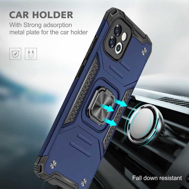 Blue rugged phone case with metal plate for car holder attachment and grippy TPU bumper.