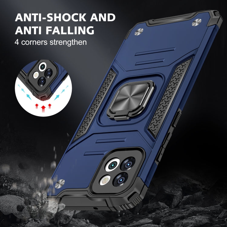 Blue rugged phone case with metal ring holder and reinforced corners for shock resistance.