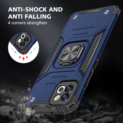 Blue rugged phone case with metal ring holder and reinforced corners for shock resistance.