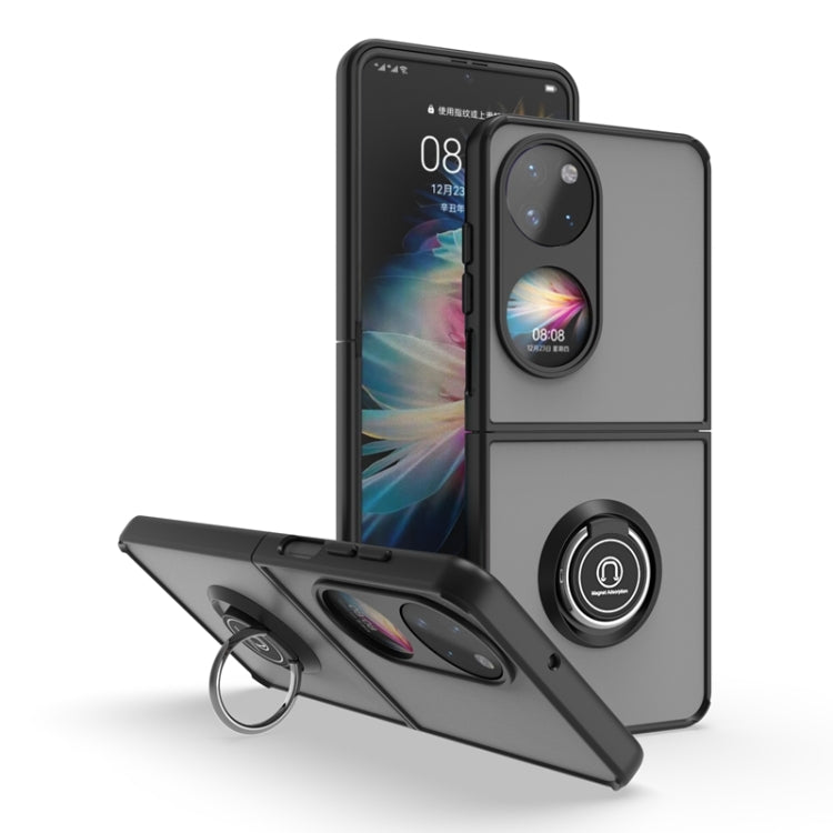 Dark gray phone case with circular ring stand and dual-camera cutouts