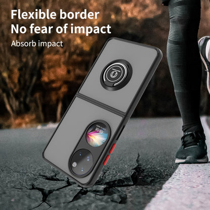 Gray phone case with circular ring stand and flexible side edge accents