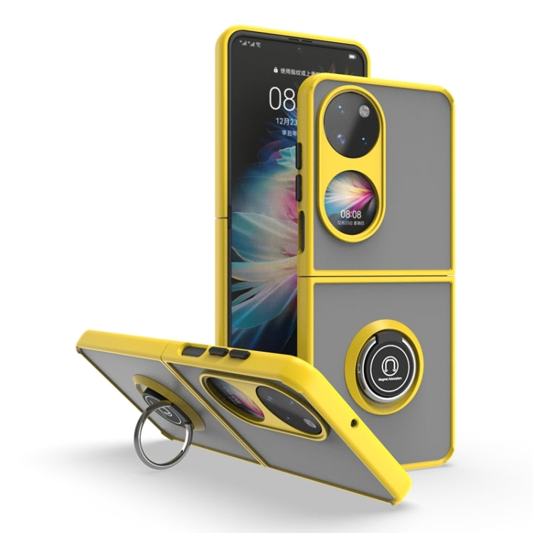 Yellow phone case with circular ring stand and raised dual-camera cutouts