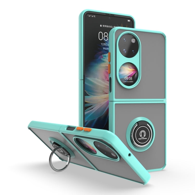 Teal phone case with circular ring stand and dual-camera cutouts