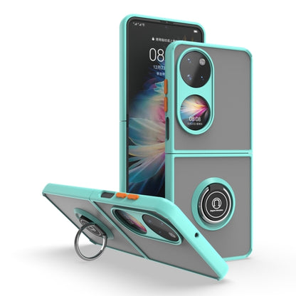 Teal phone case with circular ring stand and dual-camera cutouts
