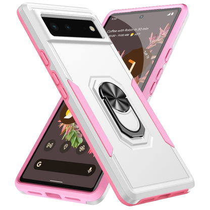 Heavy duty phone case with stand ring holder, white with pink accents