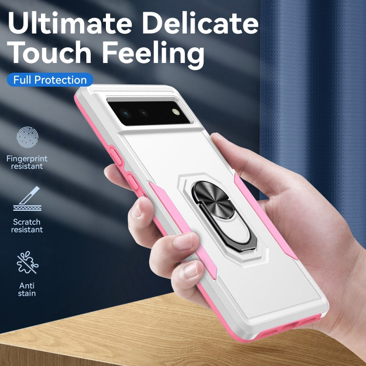Heavy duty phone case with stand ring holder, white with pink accents, hand hold view