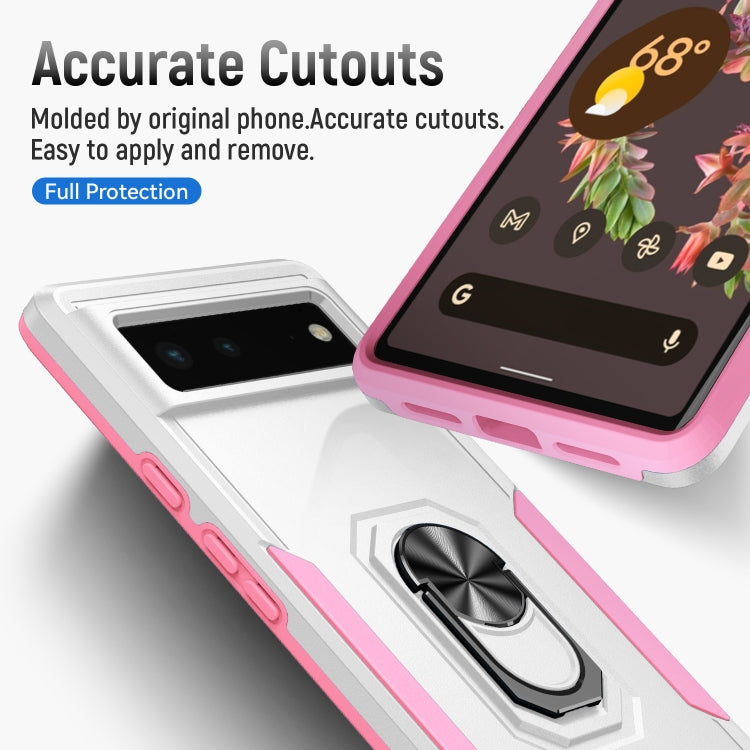 Heavy duty phone case with ring holder, white with pink accents, angled close-up