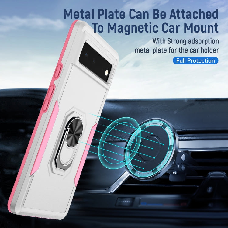 Heavy duty phone case with stand ring holder, white with pink accents, car mount plate detail