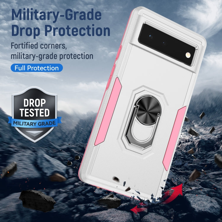 Heavy duty phone case with ring holder, white with pink accents, drop protection design