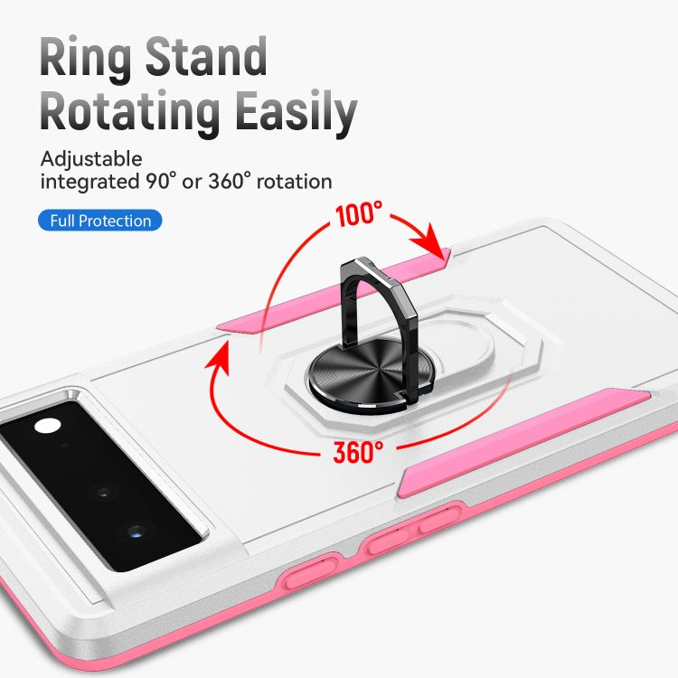 Heavy duty phone case with rotating ring stand, white with pink accents, 360° view