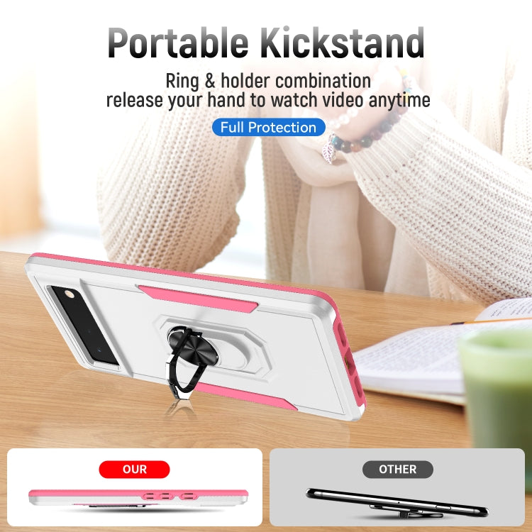 Heavy duty phone case with ring stand and kickstand, white with pink accents, tabletop view