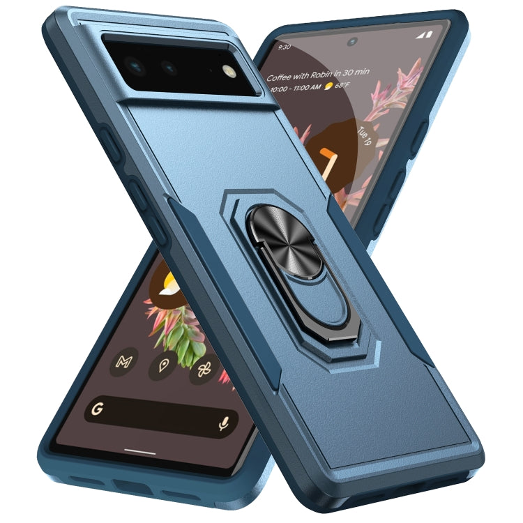 Heavy-duty phone case with ring holder, blue with dark gray edges