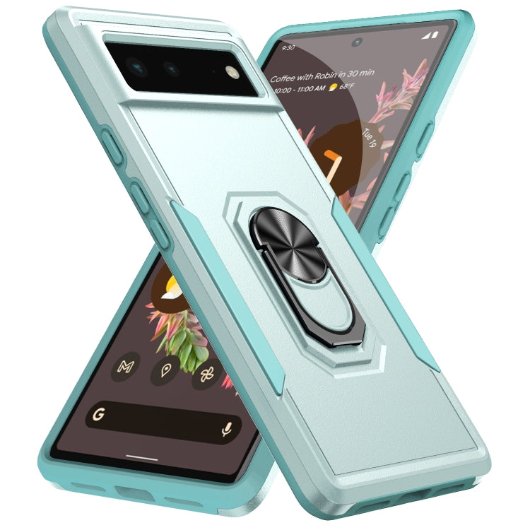 Heavy-duty phone case with ring holder, light blue with teal edges