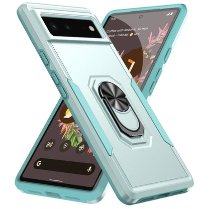 Heavy-duty phone case with ring holder, light blue with teal edges