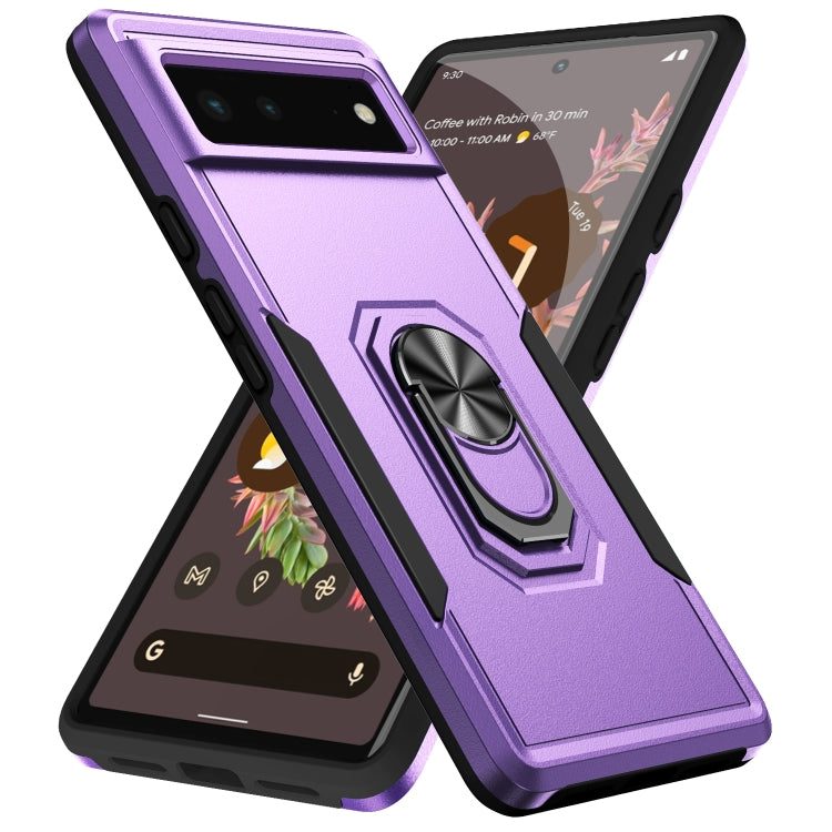 Heavy-duty phone case with ring holder, purple with black edges