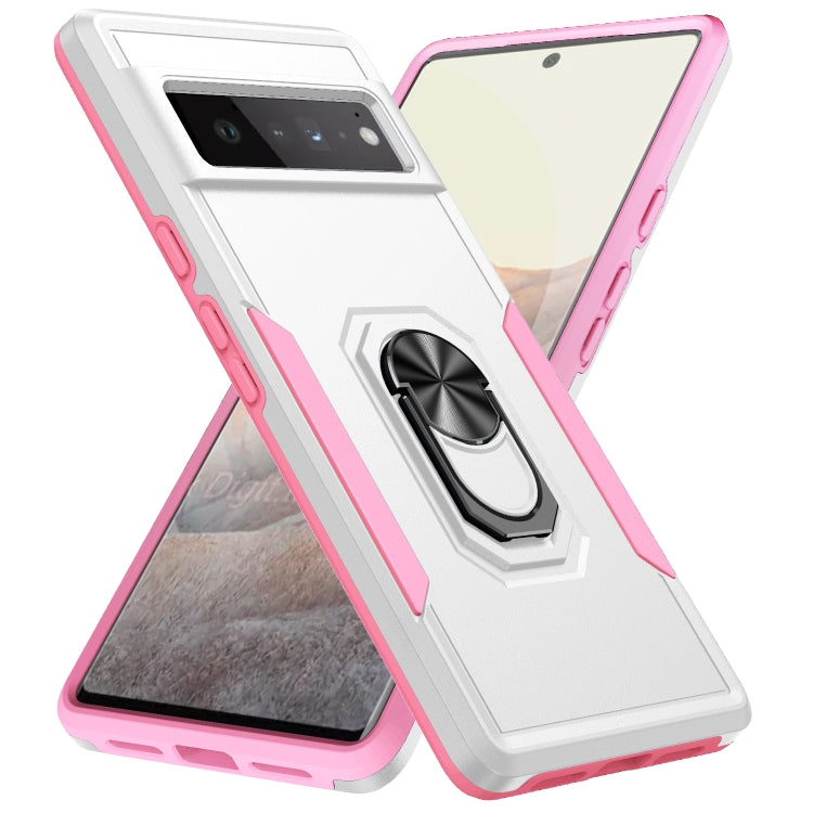Heavy-duty phone case with ring holder, white with pink trim
